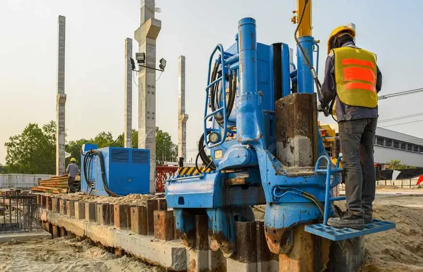 A worker working a hammer-driven sheet piling construction Caption: Sheet piling comes with many benefits for deep basement construction